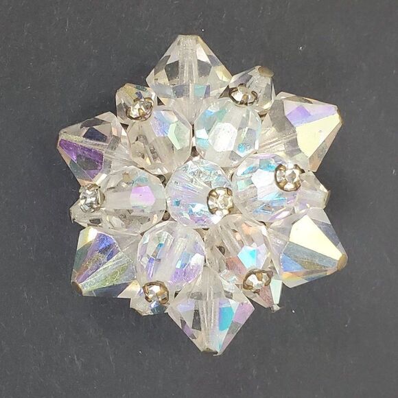 Vintage Aurora Borealis Clear AB Glass Beaded Cluster Silver Tone Brooch Pin‎ - Picture 8 of 9